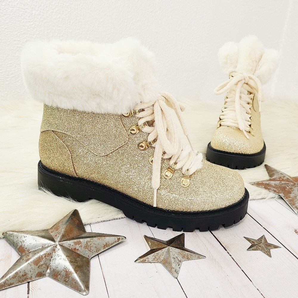 Katy Perry The Henry gold glitter boots lace up fur trim lug sole size 7.5 EUC